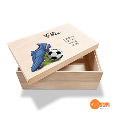 Erinnerungsbox Baby mit Wunschname klein - Motiv Fußball