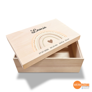 Erinnerungsbox Baby mit Wunschname klein - Motiv Regenbogen beige