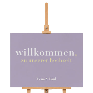 Willkommensschild Hochzeit mit Namen im modernen Design - flieder-gelb