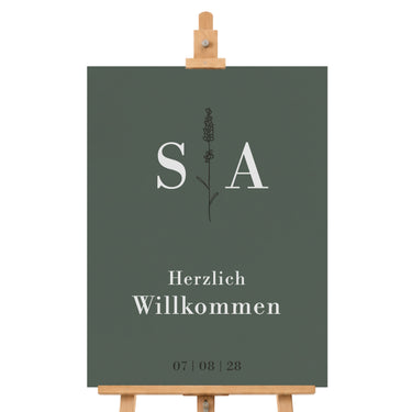 Willkommensschild Hochzeit mit Namen und Datum im modernen Design - moosgrün