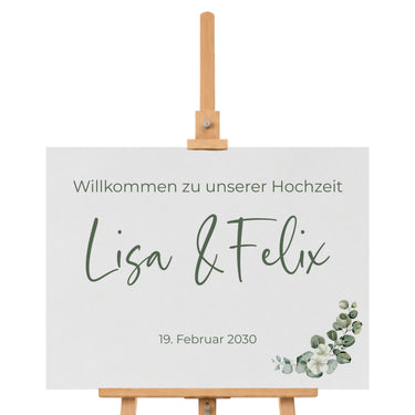 Willkommensschild Hochzeit mit Namen und Datum im modernen Design - Eukalyptus Dunkelgrün