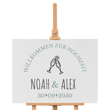 Willkommensschild Hochzeit mit Namen und Datum im modernen Design - Salbeigrün