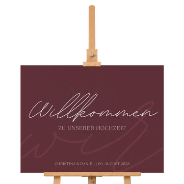 Willkommensschild Hochzeit mit Namen und Datum im modernen Design - weinrot