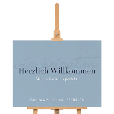 Willkommensschild Hochzeit mit Namen und Datum im modernen Design - himmelblau