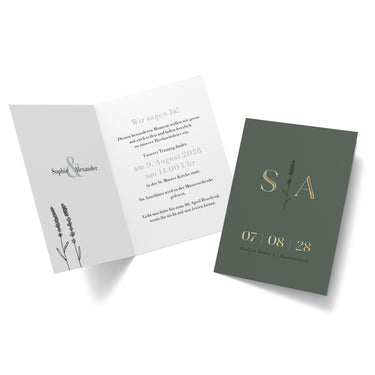Elegante Hochzeitskarte mit Lavendel-Motiv & Goldschrift, personalisiert für Sophie & Alexander