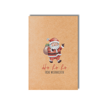 Weihnachtskarte mit niedlichem Santa Claus, Geschenksack und „Ho ho ho Frohe Weihnachten“-Schriftzug