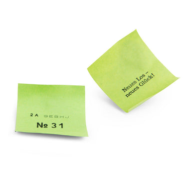 Grüne Zettel mit Glückwunsch „Neues Los – neues Glück!“ und Nummer 31, ideal als Geschenk oder Motivation
