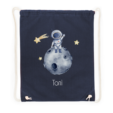 Turnbeutel für Kinder dunkelblau mit Astronaut und Wunschname flach liegend