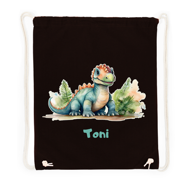 Schwarzer Turnbeutel für Kinder mit Dino Motiv personalisiert mit Name flach liegend