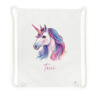Kinder Turnbeutel personalisiert mit Name weiß mit Einhorn Motiv flach liegend