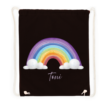 Personalisierter Kinder Turnbeutel schwarz mit Regenbogen Motiv und Wunschname des Kindes flach liegend