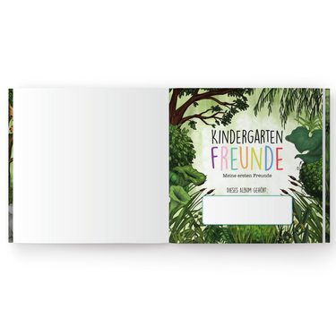 Kindergartenfreunde Album mit grüner Waldillustration und personalisierbarem Feld für Namen