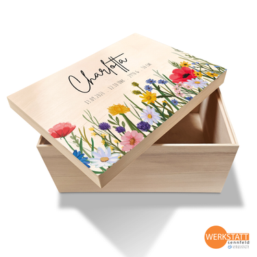 Erinnerungsbox Baby mit Wunschname gross - Motiv Blumenwiese