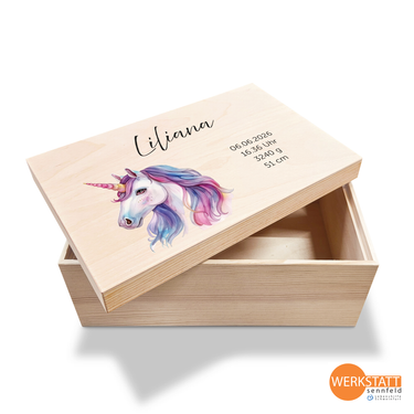 Erinnerungsbox Baby mit Wunschname groß - Motiv Einhorn
