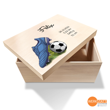 Erinnerungsbox Baby mit Wunschname groß - Motiv Fußball