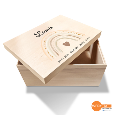 Erinnerungsbox Baby mit Wunschname groß - Motiv Regenbogen beige