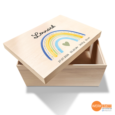 Erinnerungsbox Baby mit Wunschname groß - Motiv Regenbogen blau