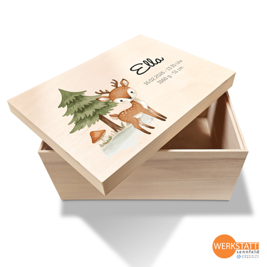 Erinnerungsbox Baby mit Wunschname groß - Motiv Reh