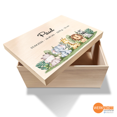 Erinnerungsbox Baby mit Wunschname groß - Motiv Safari