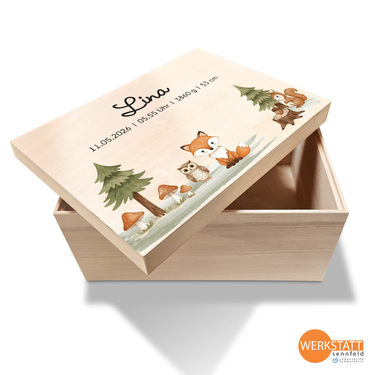 Erinnerungsbox Baby mit Wunschname groß - Motiv Waldtiere