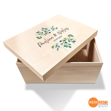 Erinnerungsbox Hochzeit mit Wunschname groß - Motiv Eukalyptus