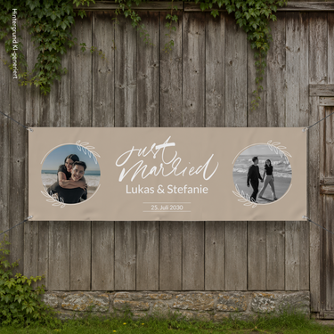 Hochzeitsbanner personalisiert - "Just Married" Blätter Beige