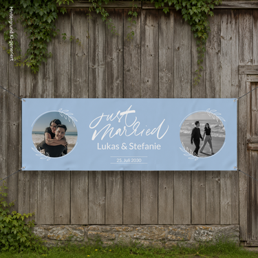 Hochzeitsbanner personalisiert - "Just Married" Blätter Blau