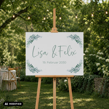 Willkommensschild Hochzeit auf Staffelei im Garten bei Hochzeit