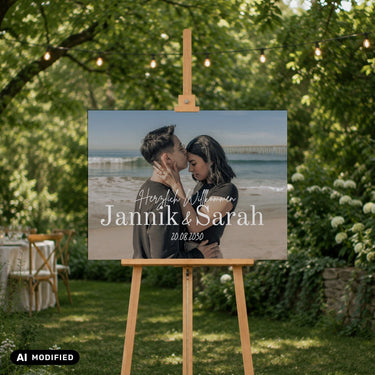 Willkommensschild Hochzeit auf Staffelei im Garten bei Hochzeit
