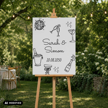 Willkommensschild Hochzeit auf Staffelei im Garten bei Hochzeit