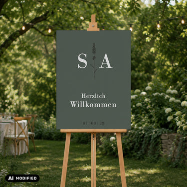 Willkommensschild Hochzeit auf Staffelei im Garten bei Hochzeit