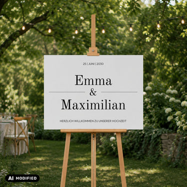 Willkommensschild Hochzeit auf Staffelei im Garten bei Hochzeit