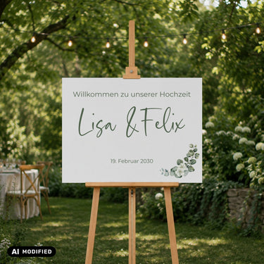 Willkommensschild Hochzeit auf Staffelei im Garten bei Hochzeit