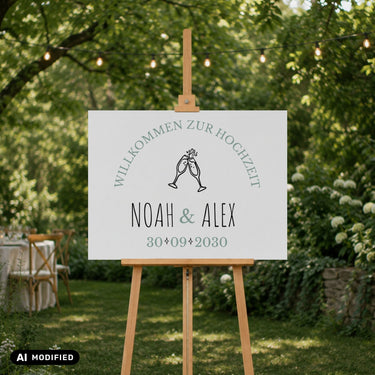 Willkommensschild Hochzeit auf Staffelei im Garten bei Hochzeit