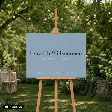 Willkommensschild Hochzeit auf Staffelei im Garten bei Hochzeit
